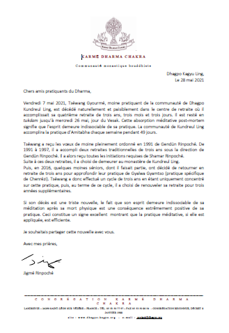 Lettre de lama Jigmé Rinpoché