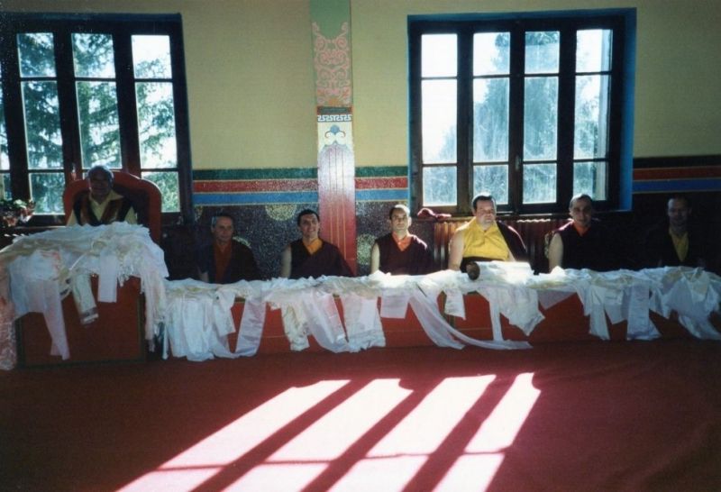 Ceremonies in the small temple at Le Bost to mark the end of the first traditional retreat at Dhagpo Kundreul Ling, with the first group of men to have completed it and Gendun Rinpoche, June 11, 1987.