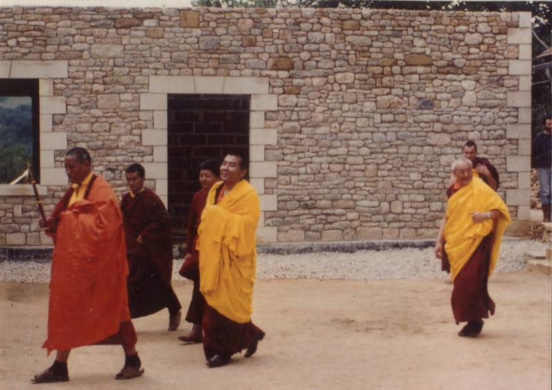 Gendun Rinpoche, Jigme Rinpoche and Lama Purtse welcome the 3rd Jamgon Kongtrul Rinpoche at Dhagpo Kagyu Ling, June 13, 1987.